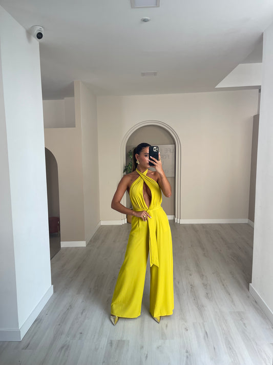 Jumpsuit em cetim - Amarelo