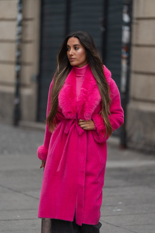 Casaco pelo comprido c/ cinto incluído - rosa fuchia