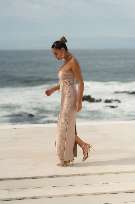 Vestido bandage com franjas - bege