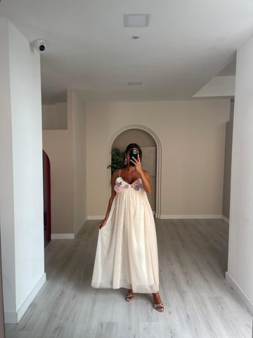 Vestido Flores - bege