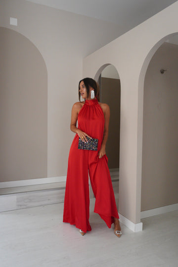 Jumpsuit em cetim - vermelho