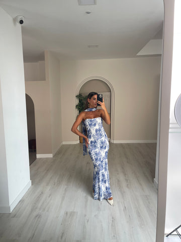 Vestido c/ echarpe - Azul e branco