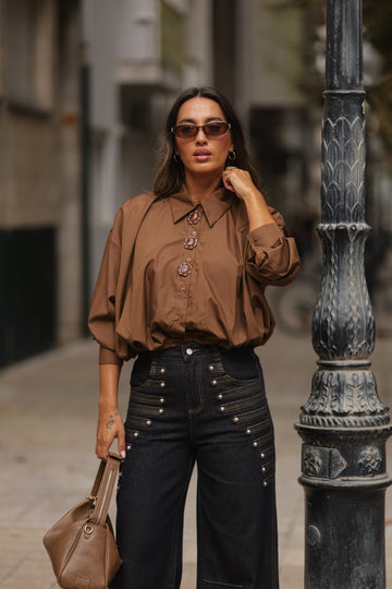 Camisa c/botões madre pérola - Castanho