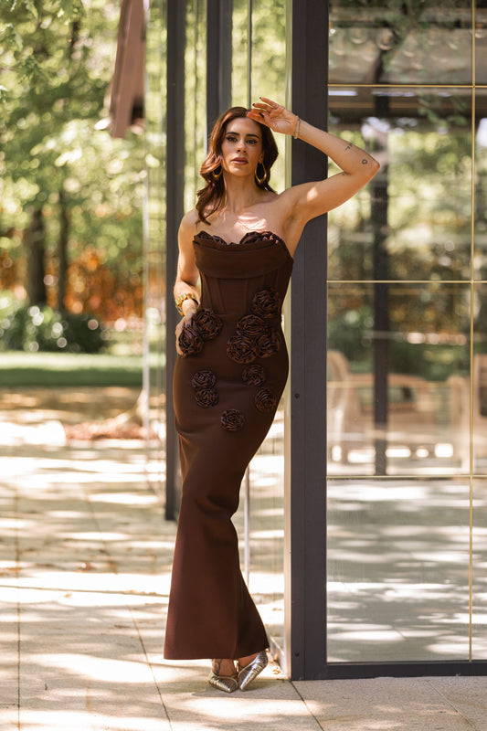 Vestido bandage c/ rosas - Castanho