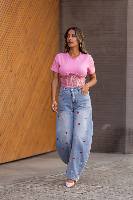 Tshirt c/ acabamento em renda - rosa