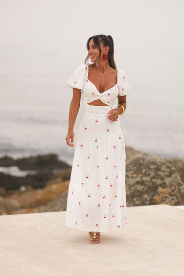 Vestido Ellie c/manga - Branco c/ cerejas