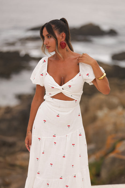 Vestido Ellie c/manga - Branco c/ cerejas