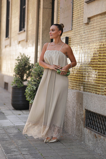 Jumpsuit plissado c/ pormenor em renda - Bege