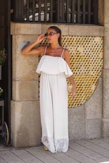 Jumpsuit plissado c/ pormenor em renda - Branco