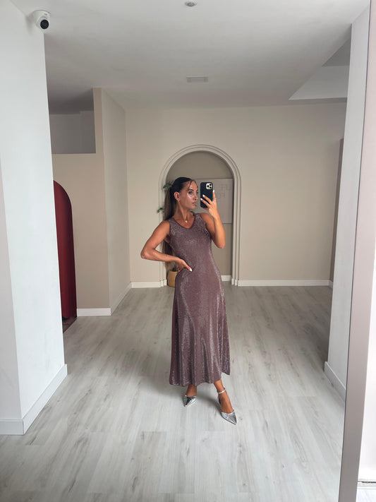 Vestido de malha com brilho - castanho