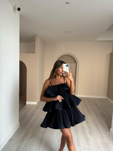 Vestido Folhos Texturados Lumina - Preto