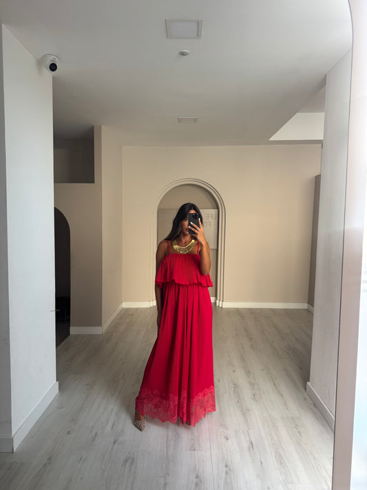 Jumpsuit plissado c/ pormenor em renda - Vermelho
