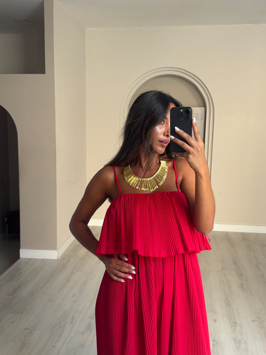 Jumpsuit plissado c/ pormenor em renda - Vermelho