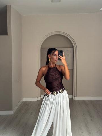Top halter c/ franjas - Castanho