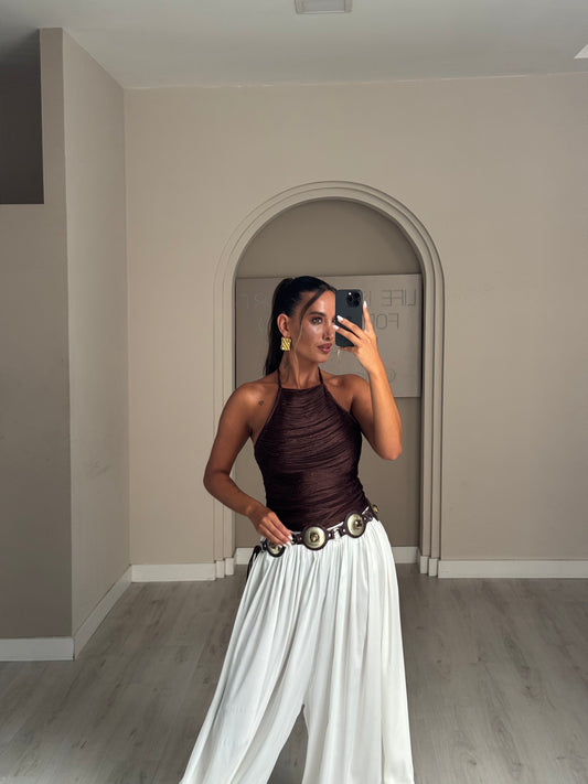 Top halter c/ franjas - Castanho