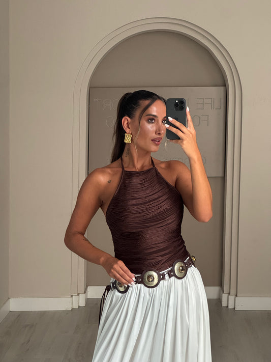 Top halter c/ franjas - Castanho