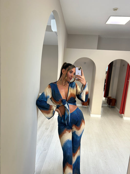 Conjunto top + calça Multicolorido - Azul