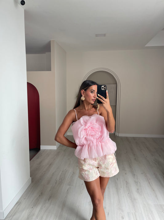 Top em organza c/ flor - Rosa