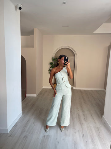 Conjunto Calça + Top de uma manga - Verde Água