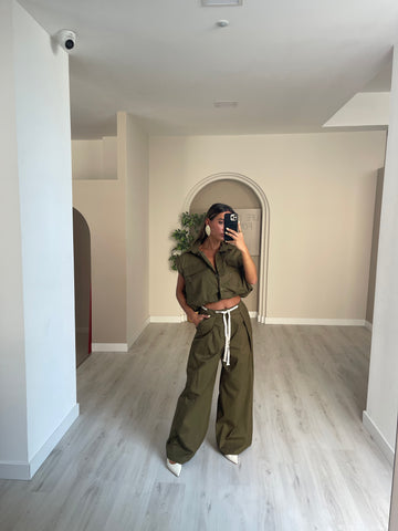 Calça em algodão c/ cinto de ráfia - Verde Tropa