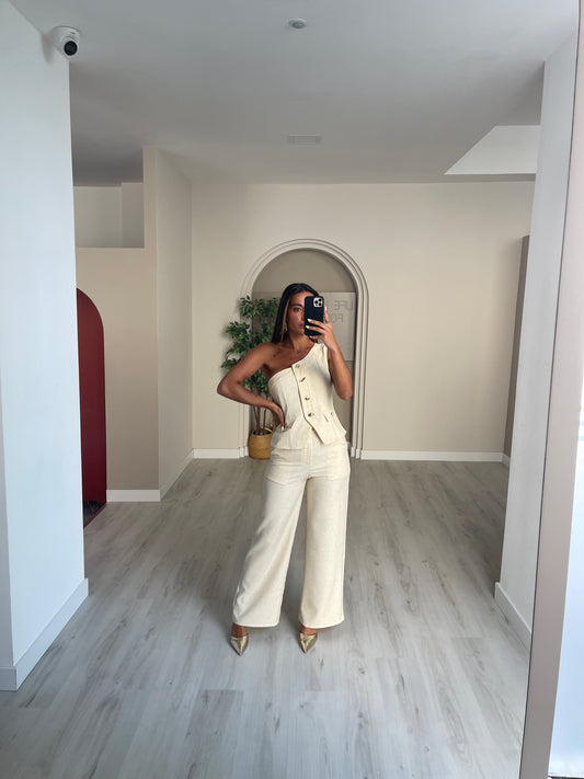 Conjunto Calça + Top de uma manga - Bege