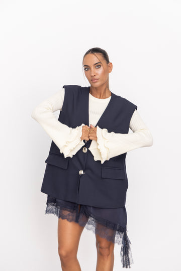 Colete c/ remate em renda - azul marinho