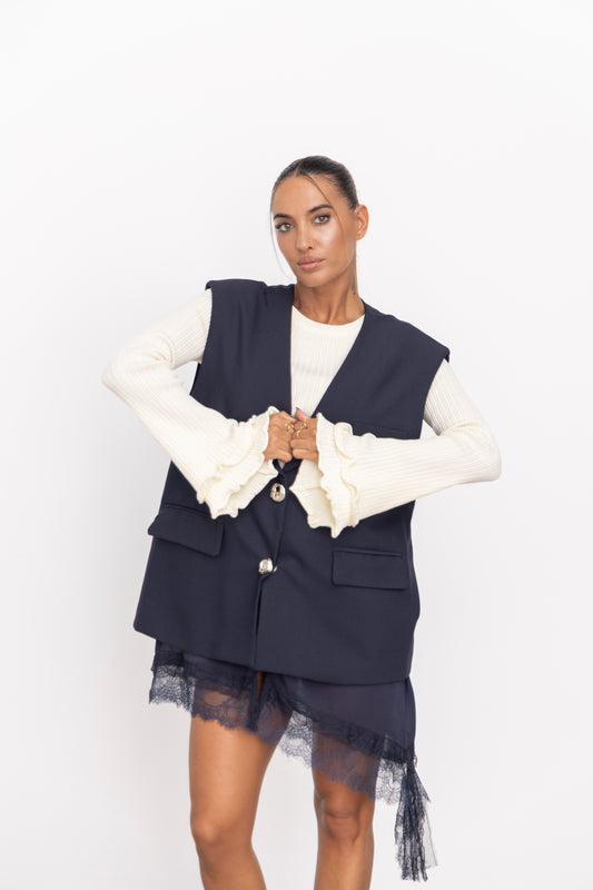 Colete c/ remate em renda - azul marinho