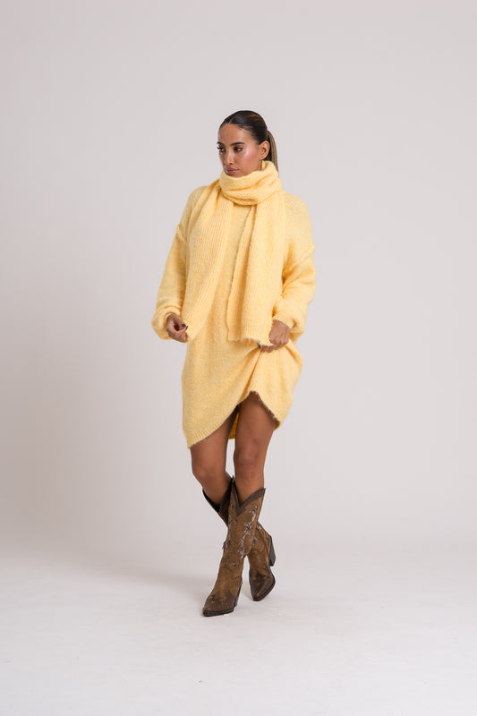 Conjunto vestido + gorro + cachecol - amarelo