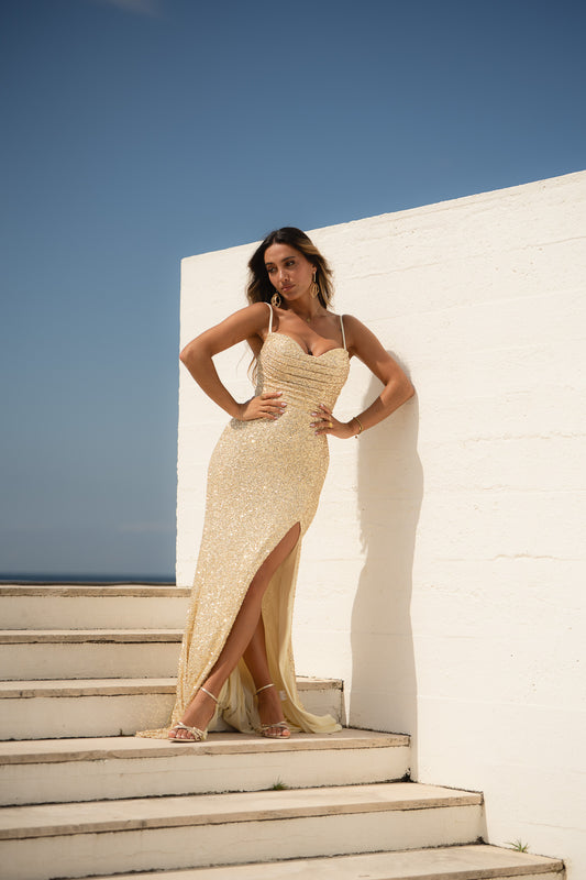 Vestido em lantejoulas c/ drapeado - Amarelo