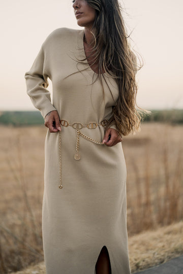 Vestido com cinto inspiração - camel