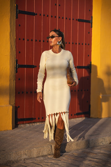 Vestido de Malha c/remate em franjas - Amarelo
