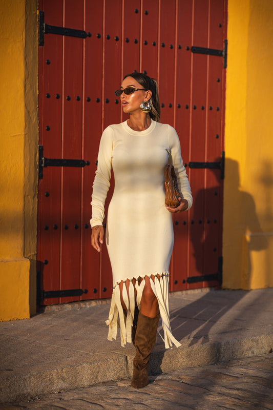 Vestido de Malha c/remate em franjas - Amarelo