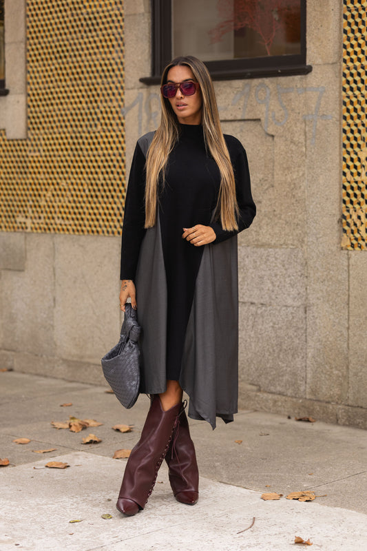 Vestido Eduarda - preto c/ cinza