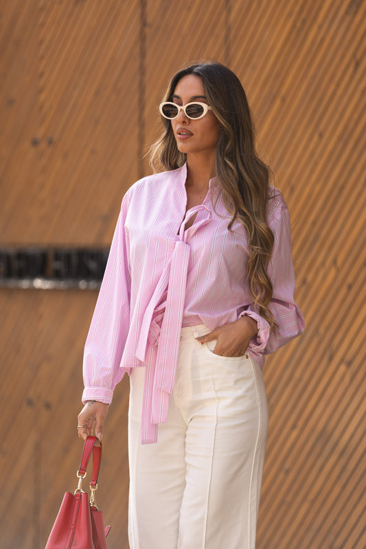 Camisa riscas c/ laços - rosa