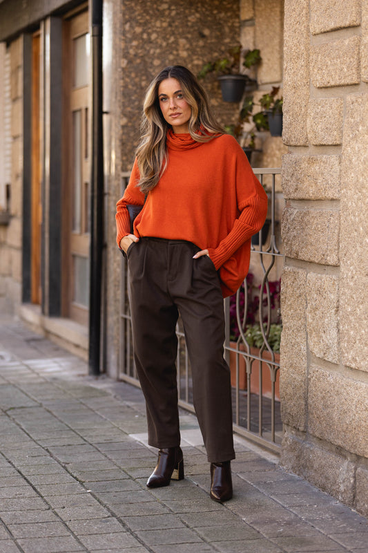 Calça de cinta subida em fazenda - castanha