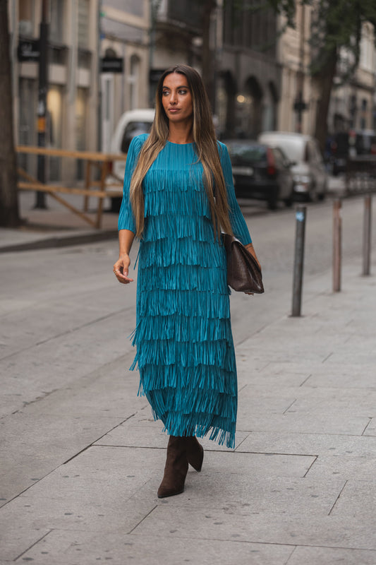 Vestido franjas c/ manga - petróleo