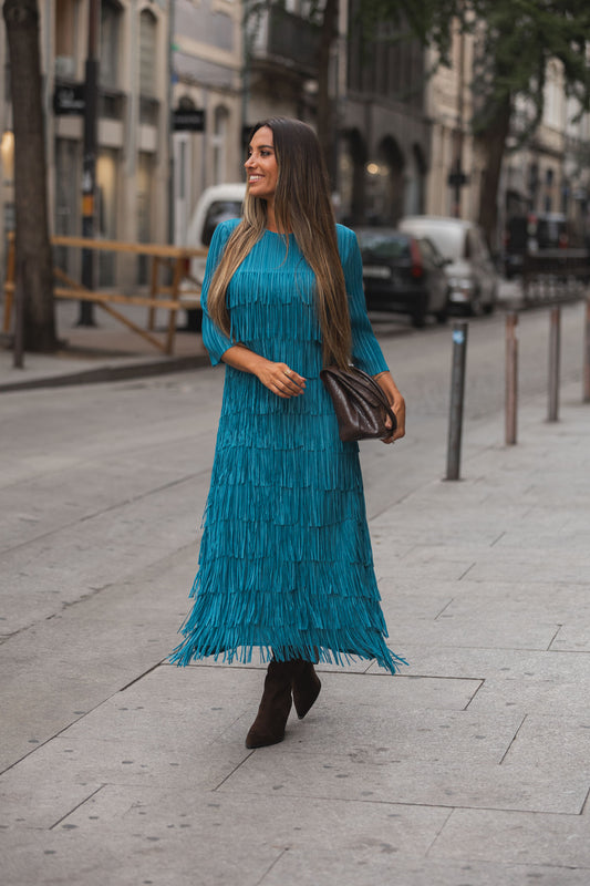 Vestido franjas c/ manga - petróleo