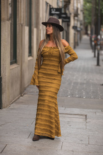 Vestido Renda off shoulder - camel