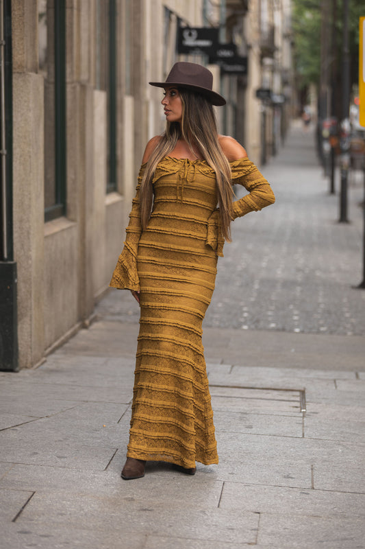 Vestido Renda off shoulder - camel