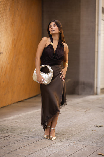 Saia cetim c/ remate em renda - castanha