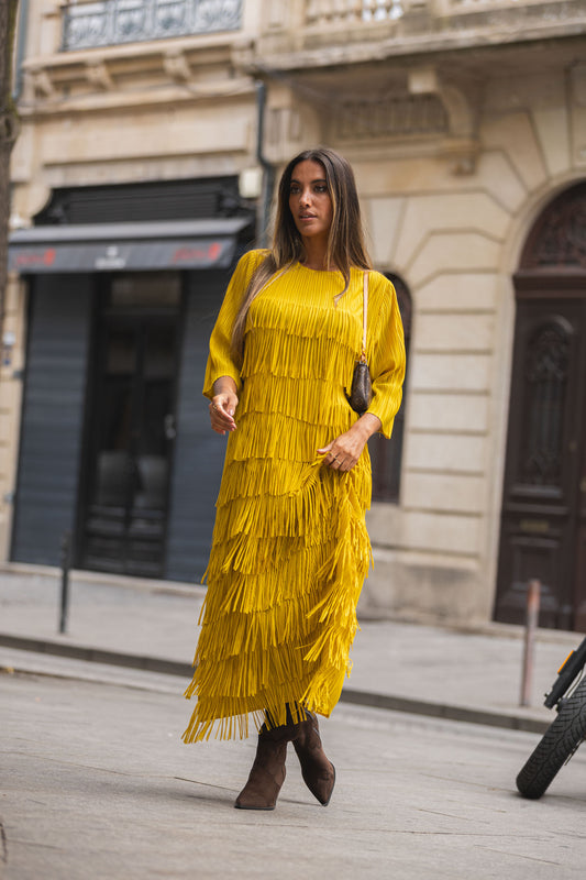 Vestido franjas c/ manga - amarelo