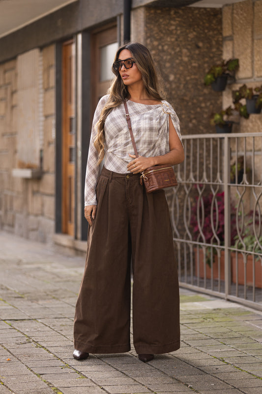 Calça wide leg - castanha