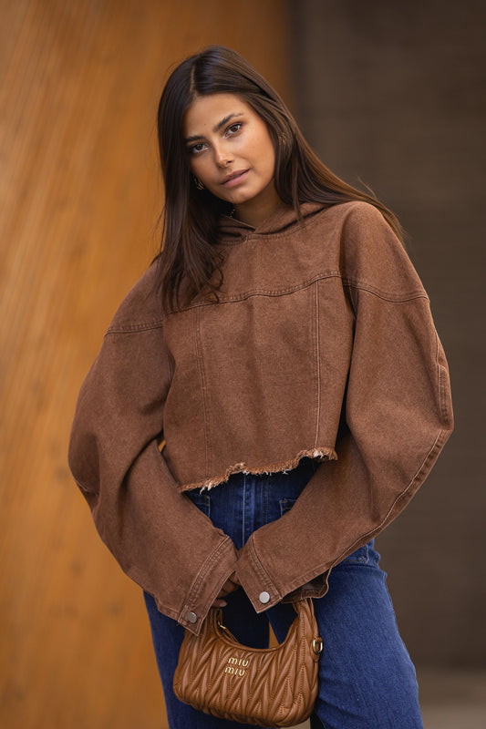 Camisola cropped em ganga - camel