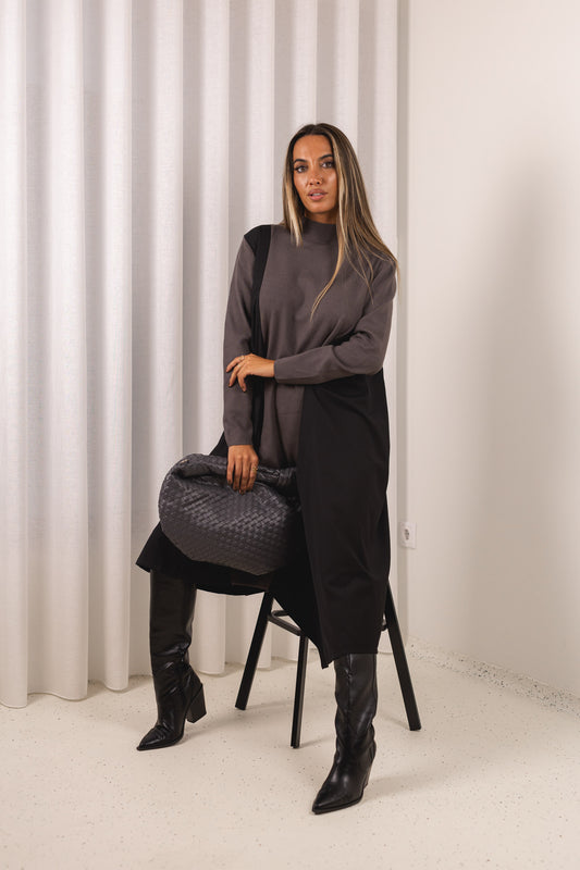 Vestido Eduarda - cinza c/ preto