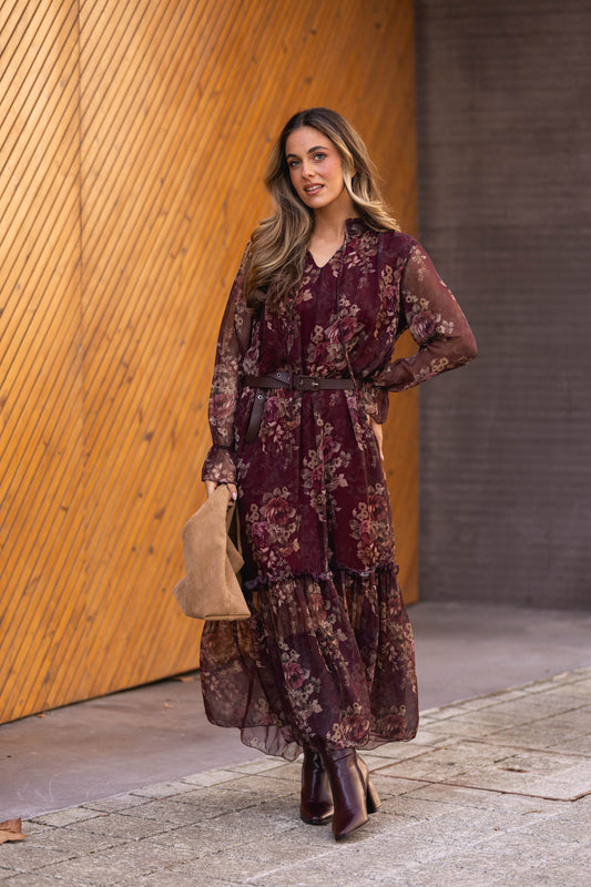 Vestido florido - Bordeux