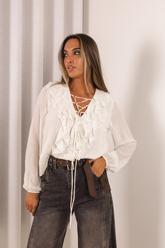 Blusa texturada c/ atilhos - bege