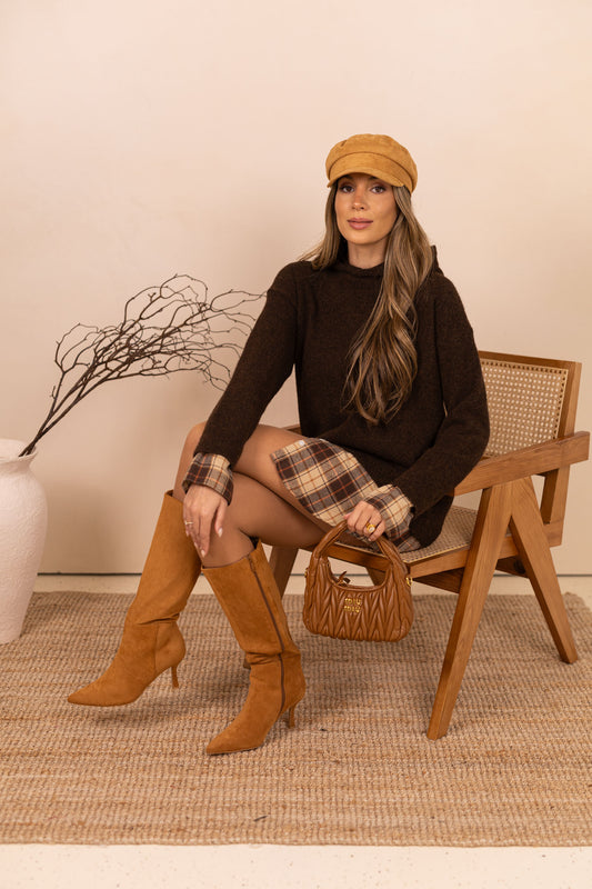 Vestido de malha c/ camisa embutida - castanha