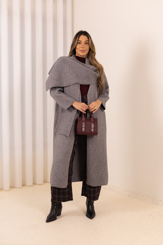 Casaco malha compacta c/ efeito cachecol - cinza