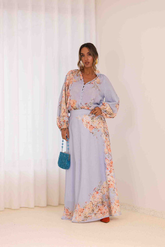 Conjunto saia + camisa florida - azul