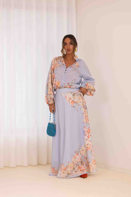 Conjunto saia + camisa florida - azul